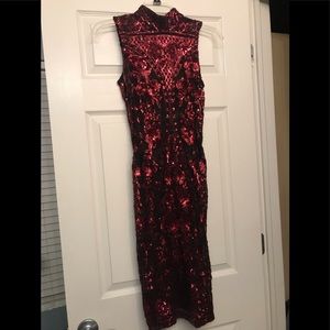 AKIRA Sheer red sequin midi